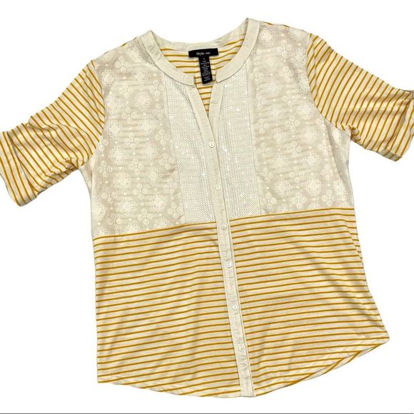 Style & Co White and Yellow Striped Cotton Button Down Shirt sequin deta… - Picture 1 of 5